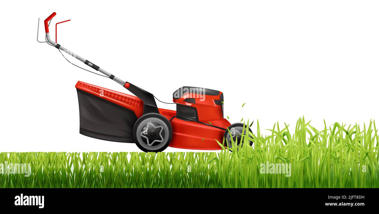 Electric lawn mower mowing green grass realistic vector illustration Stock Vector