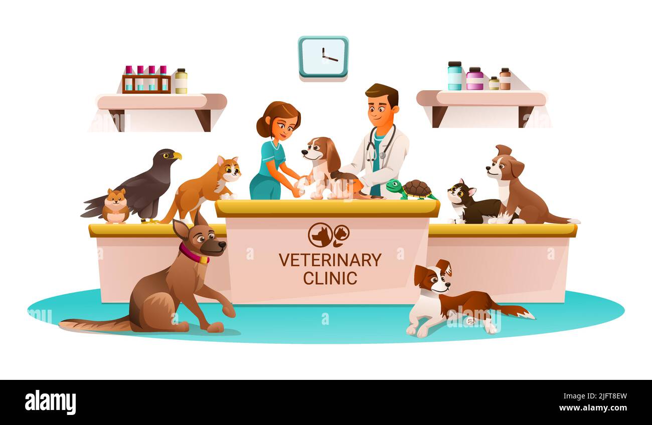 Veterinary clinic marketing flyer advertisement cartoon composition