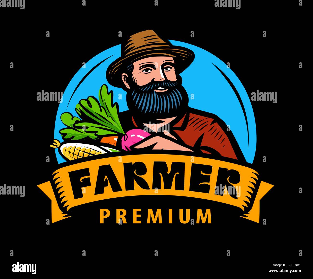 Happy farmer in hat with vegetables logo. Farm, agriculture emblem. Cartoon vector illustration Stock Vector