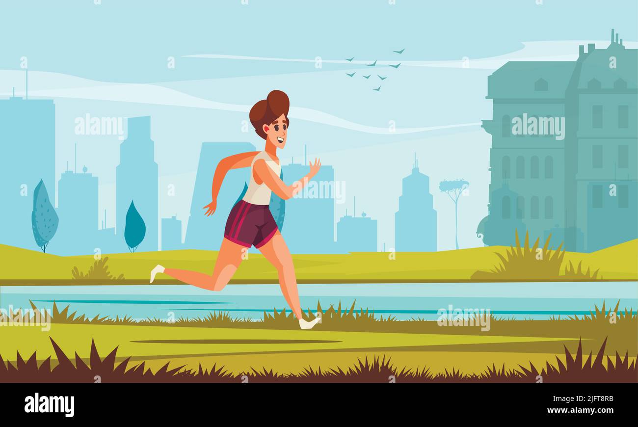 Daily routine summer background with glad young female cartoon ...