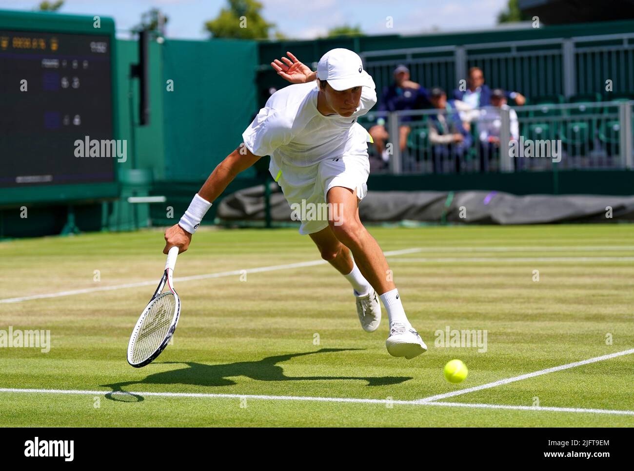 Gabriel Debru in action during his Boys' Singles second round match against Aidan Kim on court 12 on day nine of the 2022 Wimbledon Championships at the All England Lawn Tennis and Croquet Club, Wimbledon. Picture date: Tuesday July 5, 2022. Stock Photo