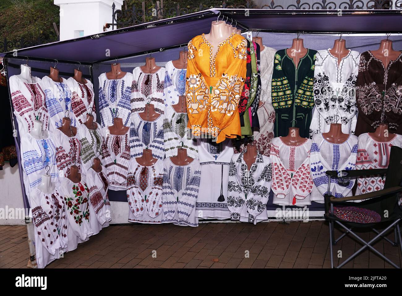 Kiev, Ukraine November 15, 2019: Sale of national Ukrainian clothes on a city street Stock Photo