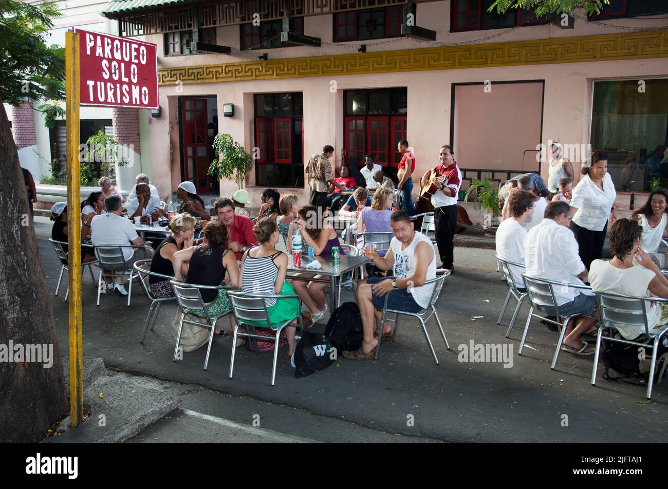 Cuba,Santiago de Cuba Plaza Dolores where there is a terrace only for tourists. Stock Photo
