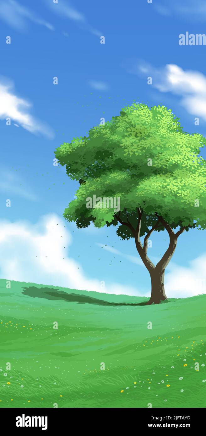 science fiction in vector illustration of a single evergreen tree among the green grasses under a bright blue sky Stock Vector