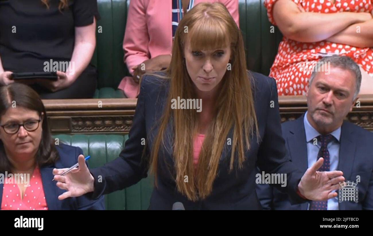 Deputy Labour Leader Angela Rayner asks an urgent question in the House of Commons, London, asking for Cabinet Office Minister Michael Ellis to 'make a statement on the mechanisms for upholding standards in public life'. Picture date: Tuesday July 5, 2022. Stock Photo