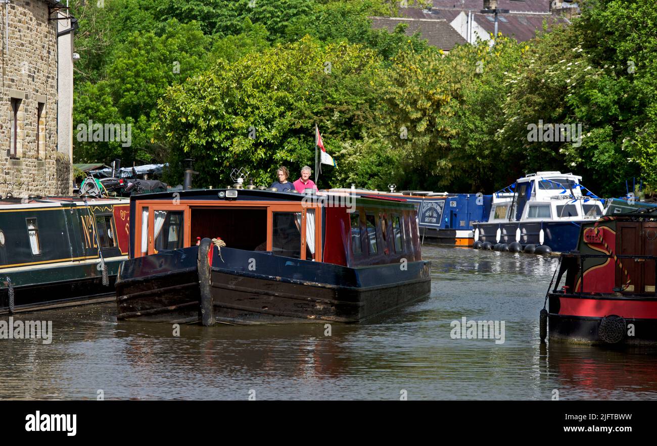 Narrowboat for hire on the Leeds & Liverpool Canal in Skipton, North Yorkshire, England UK Stock Photo