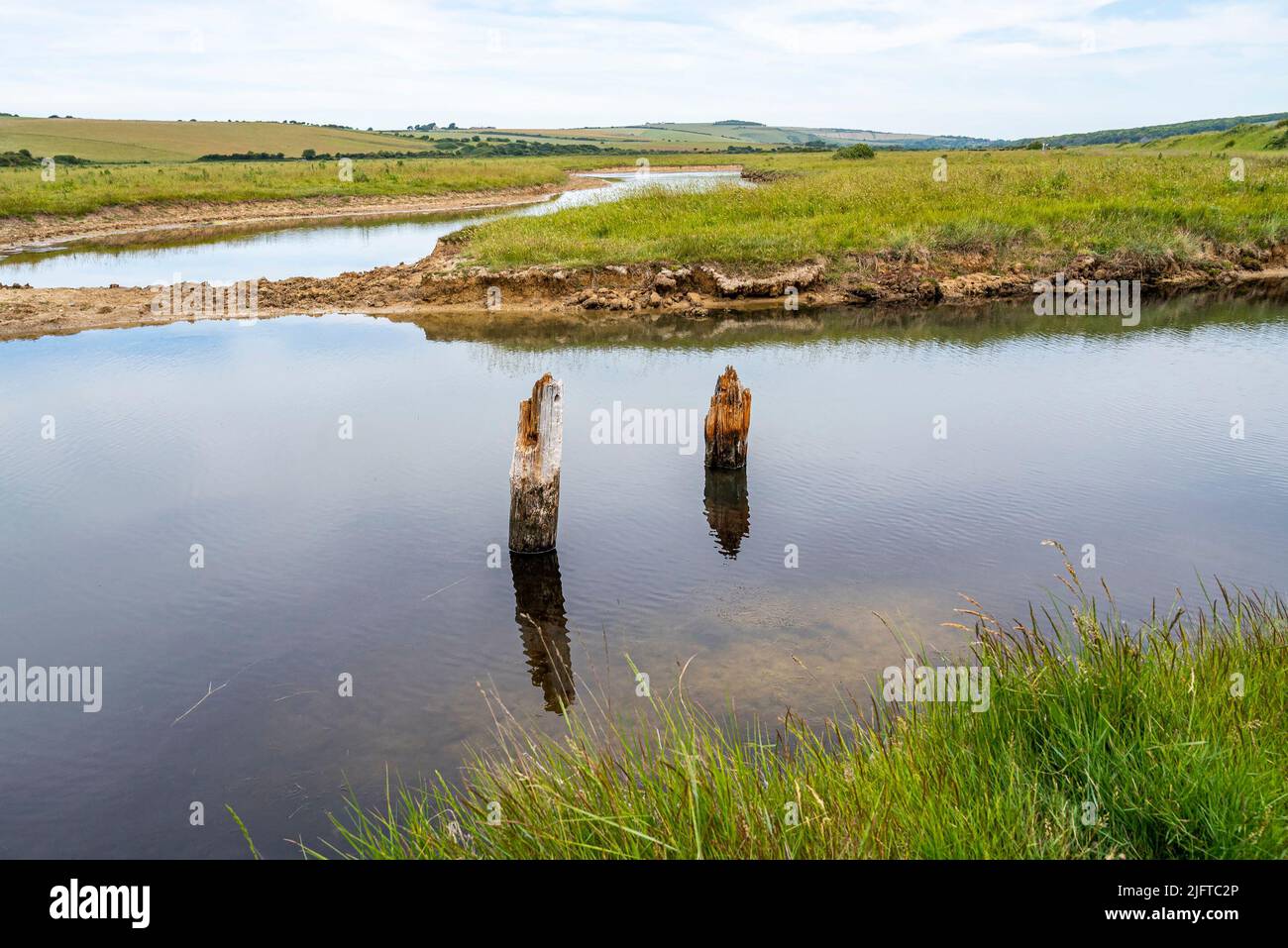 Cuckmere Haven & Seaford East Sussex England UK - Landscape showing old wooden pillars in water looking north across the flooded area Stock Photo