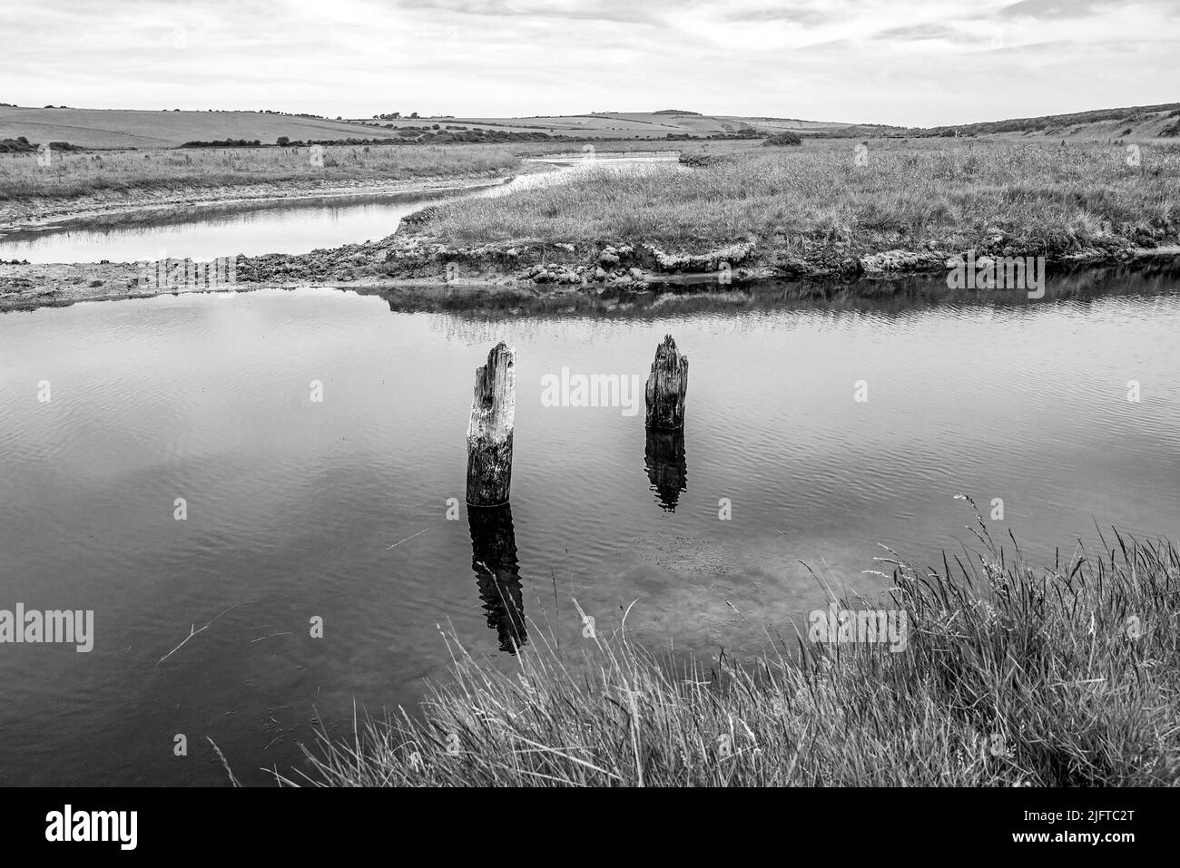 Cuckmere Haven & Seaford East Sussex England UK - Landscape showing old wooden pillars in water looking north across the flooded area Stock Photo