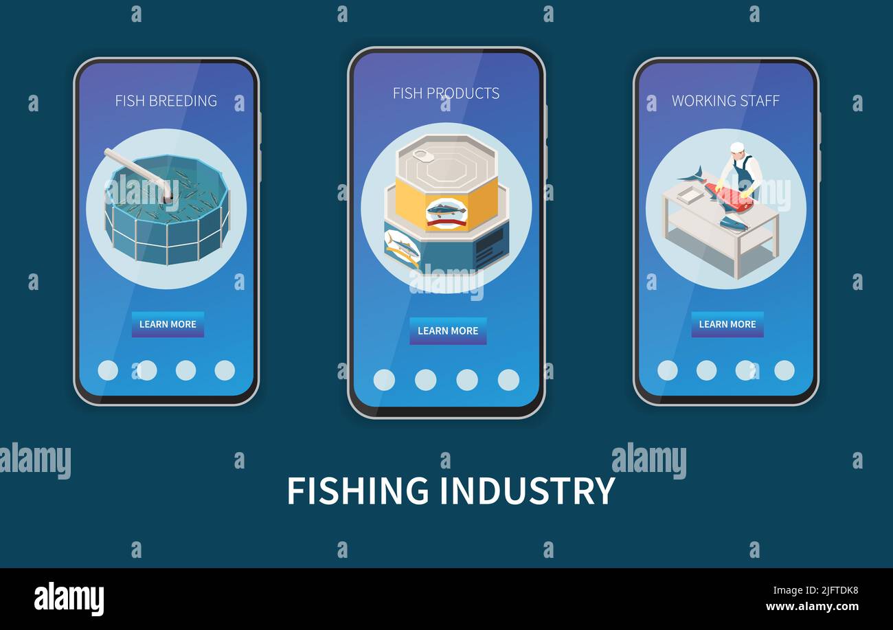 Industrial seafood production info app 3 smartphone screens with fish