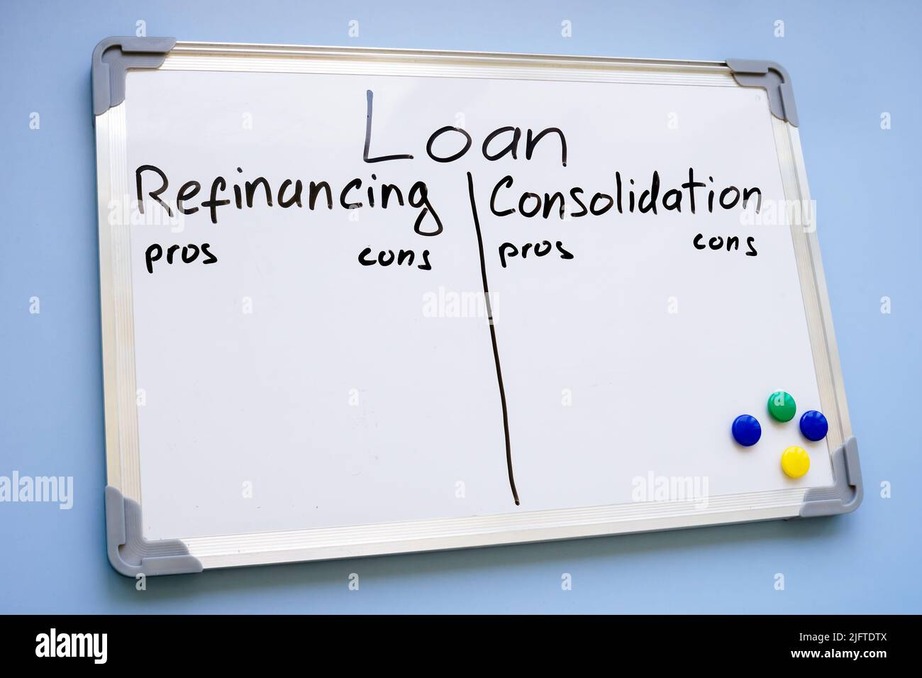 Whiteboard with written words Loan refinancing vs consolidation. Stock Photo