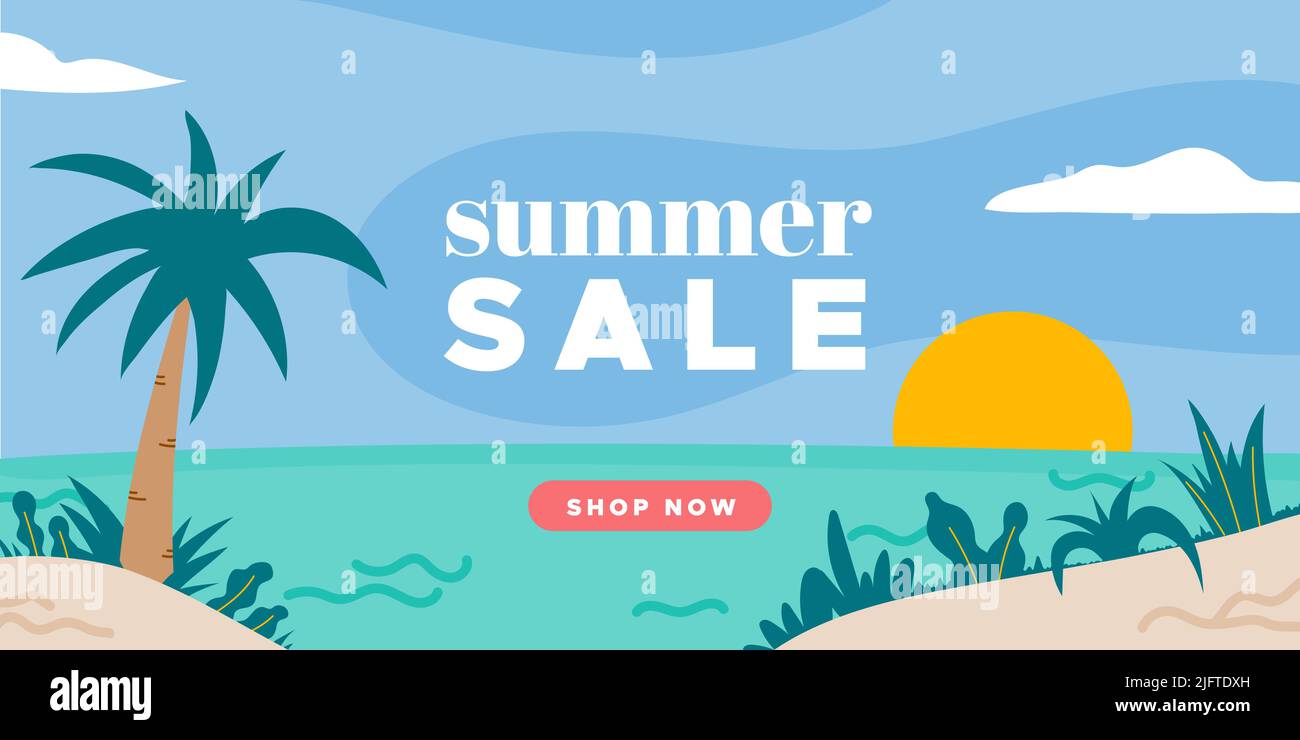 Summer sale beach landscape banner. Seascape with palm and plants. For