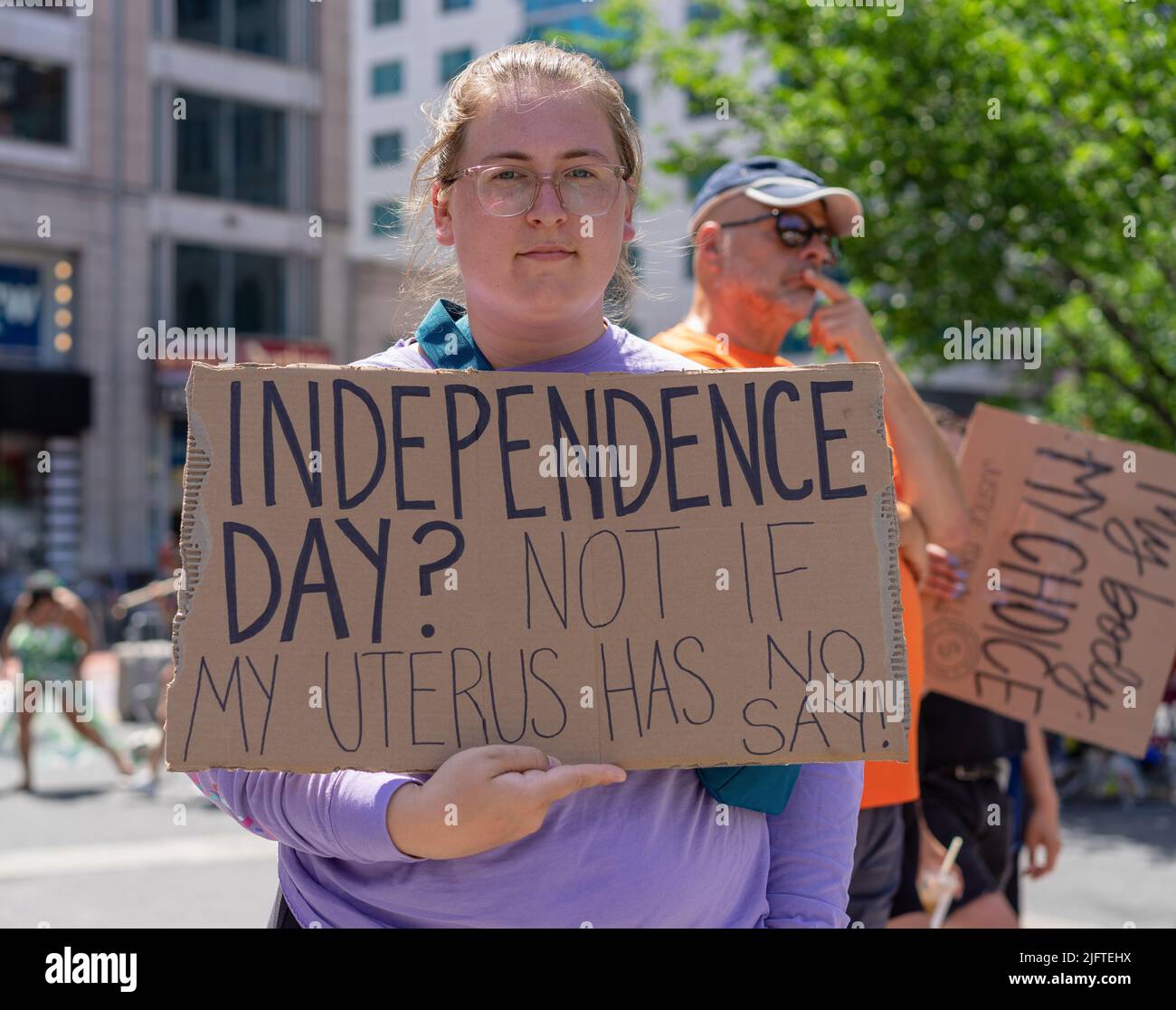 New York City, USA. 04th July, 2022. Abortion rights activists held a rally and march demanding abortion rights for all women in the United States at Union Square in New York City, NY on July 4, 2022. (Photo by Steve Sanchez/Sipa USA) Credit: Sipa USA/Alamy Live News Stock Photo