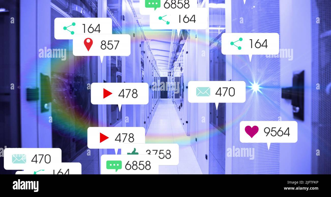 Image of social media icons and numbers on banners over computer ...