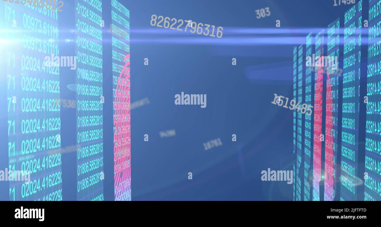 Technology Data Numbers Image of numbers changing with biometric fingerprints over tech room ...