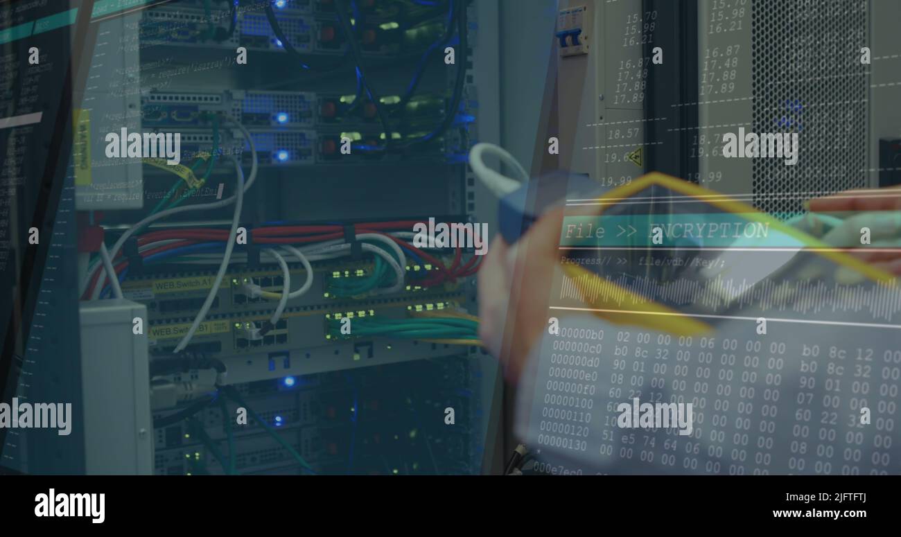 Image of data processing on computer screens over man checking computer ...