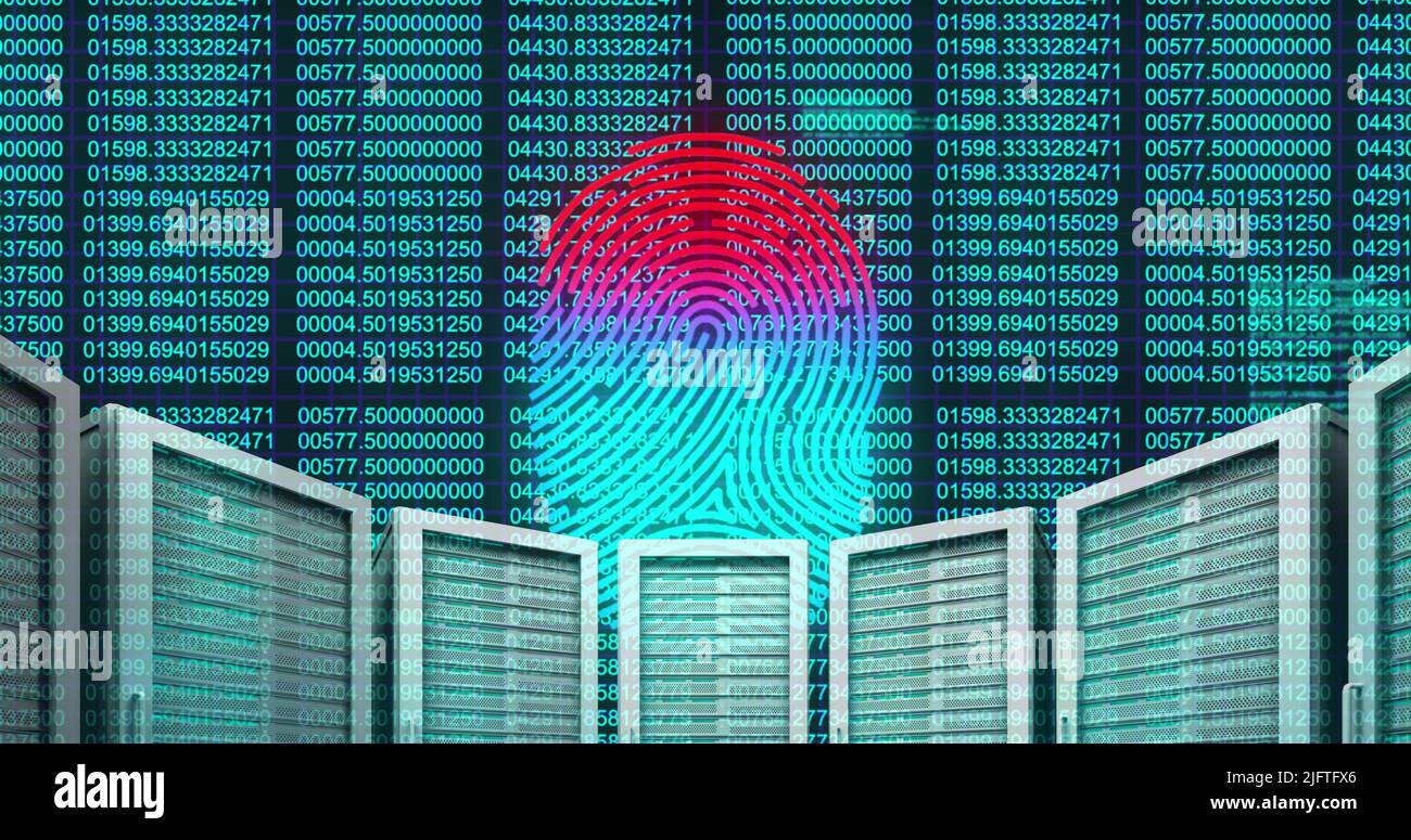 Digital image of Fingerprint scanner over multiple servers against data processing. Digital online security computer concept Stock Photo