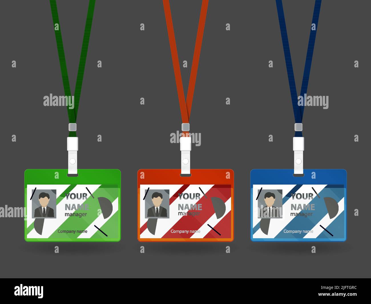 Set of three isolated id card badge realistic images with colorful