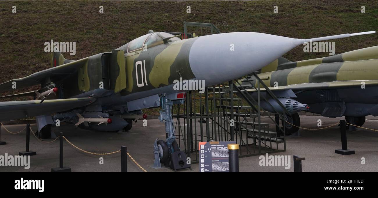 Kiev, Ukraine December 10, 2020: MIG-23 jet fighter in the Museum of Military Equipment for public viewing Stock Photo