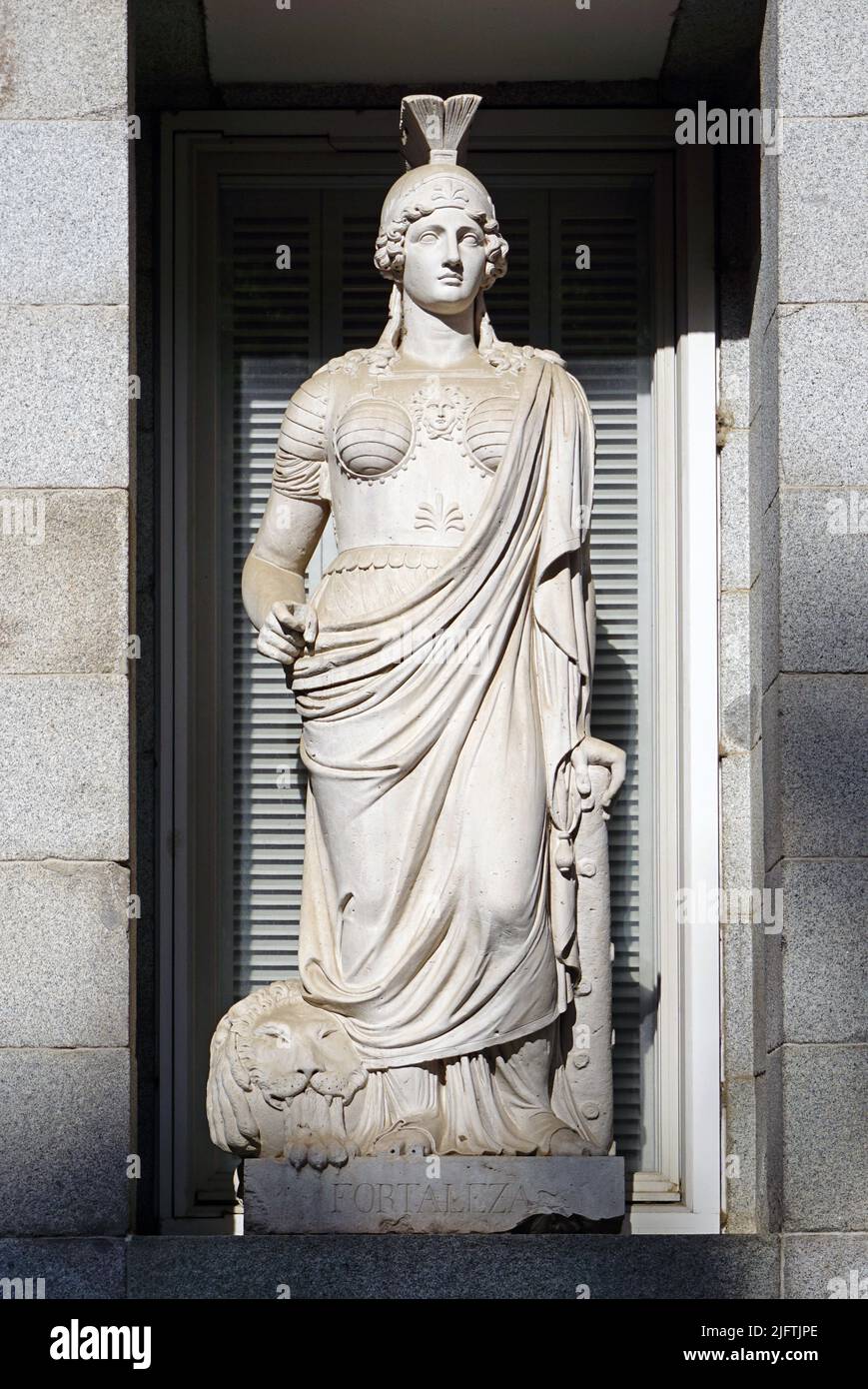 Fortaleza by Valeriano Salvatierra (1789 - 1836) Spanish sculptor.Court sculptor to Ferdinand VII of Spain.This sculpture is one of twelve allegorical sculptures he made for the facade at the Museo del Prado in Madrid,Spain. Stock Photo