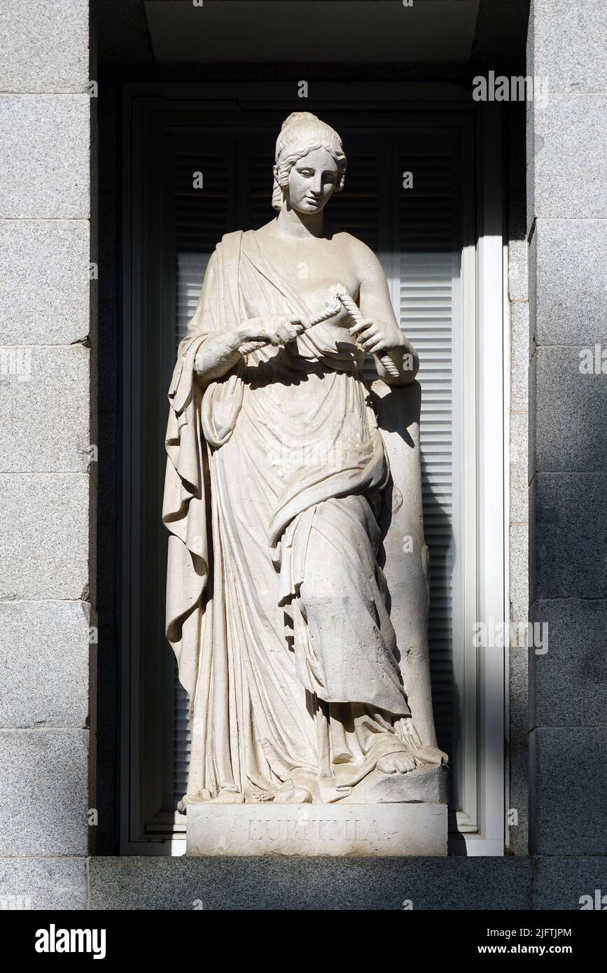 Euritmia by Valeriano Salvatierra (1789 - 1836) Spanish sculptor.Court sculptor to Ferdinand VII of Spain.This sculpture is one of twelve allegorical sculptures he made for the facade at the Museo del Prado in Madrid,Spain. Stock Photo