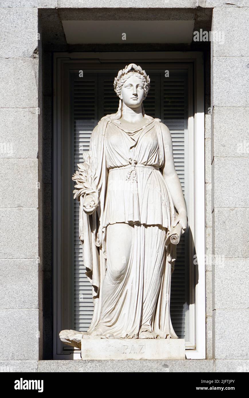 Paz by Valeriano Salvatierra (1789 - 1836) Spanish sculptor.Court sculptor to Ferdinand VII of Spain.This sculpture is one of twelve allegorical sculptures he made for the facade at the Museo del Prado in Madrid,Spain. Stock Photo