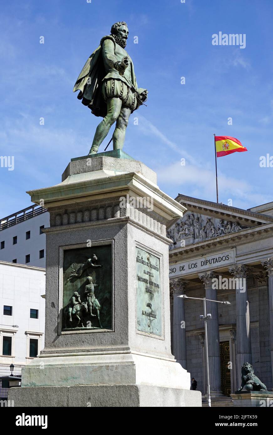 Statue of Miguel de Cervantes (1547–1616)  at Plaza de las Cortes in Madrid Spain.Spanish writer best known for his novel Don Quixote Stock Photo