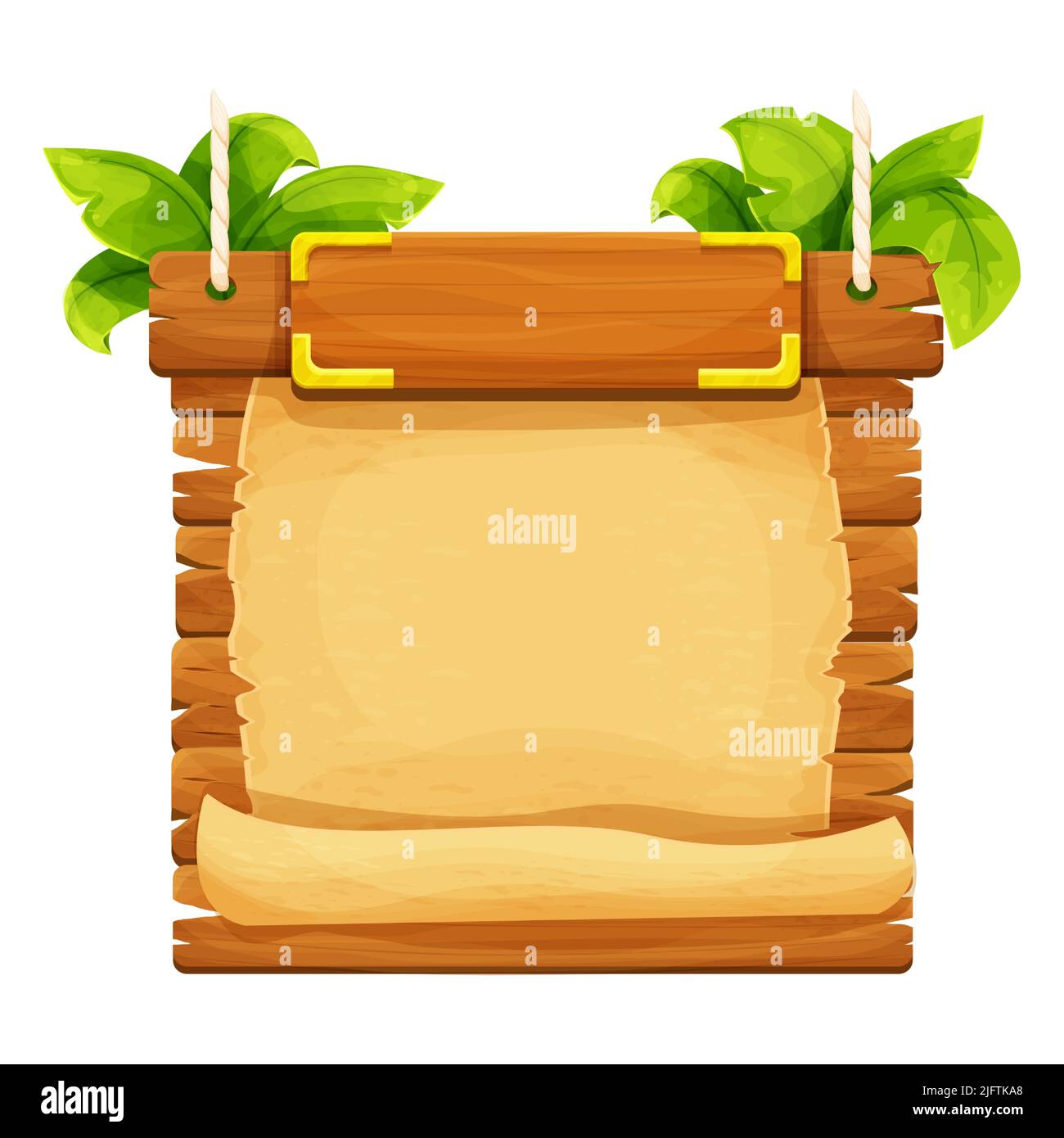 Jungle frame with wooden planks, old paper, rope, decorated plants and ...