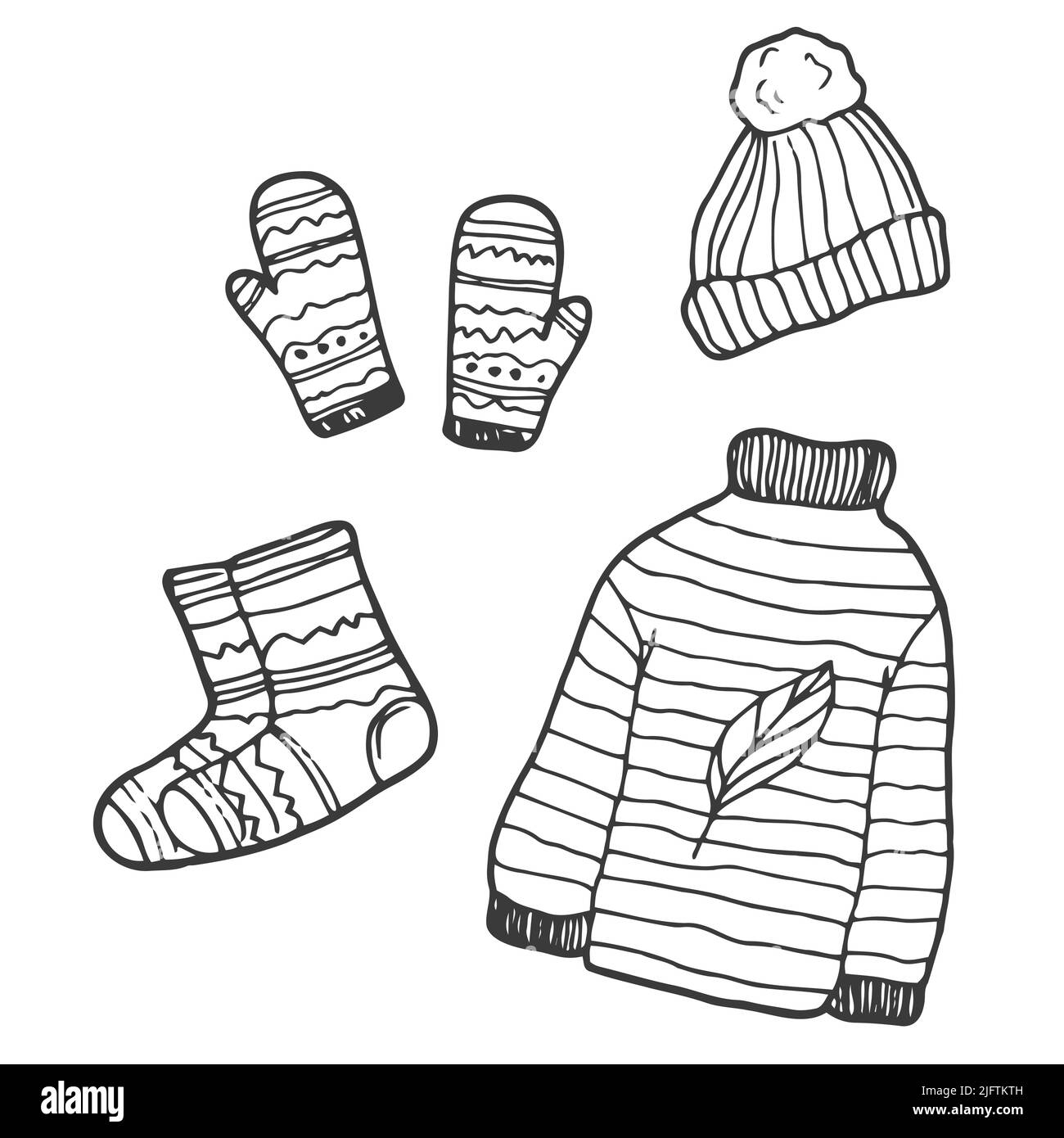 Vector hand-drawn set of knitted clothes. Hygge doodles - socks, mittens, woolen sweater, winter hat, knitting Stock Vector