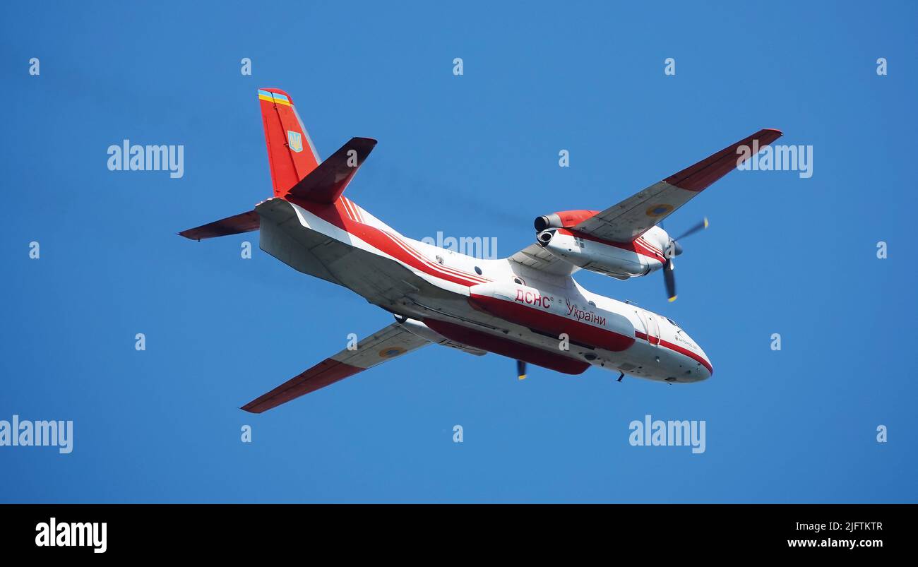 Kyiv, Ukraine August 24, 2021: An-32P firefighting aircraft at the celebration of 30 years of independence of Ukraine in the sky over Kiev Stock Photo