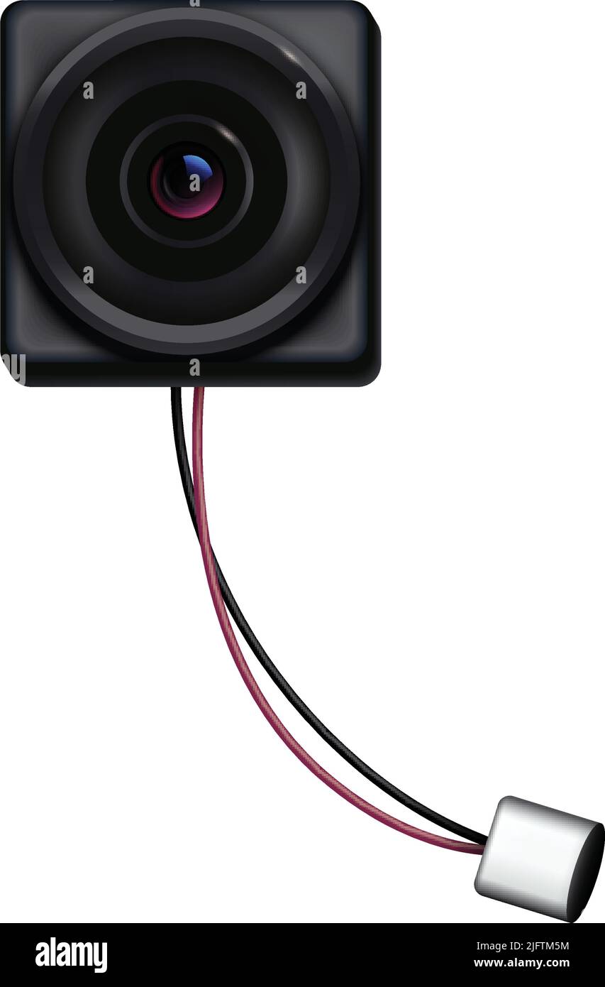 Security camera lens with wires front view on white background realistic vector illustration Stock Vector