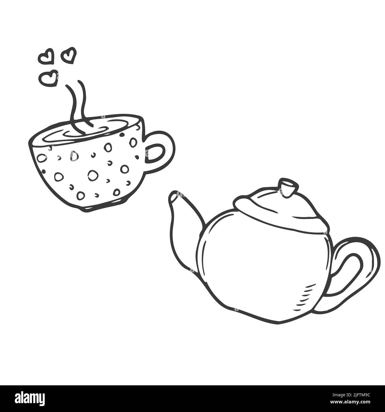Teapot pouring tea into a tea cup line art illustration in vector Stock