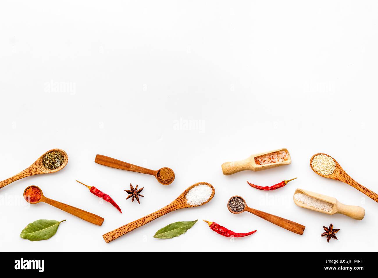 Layout of spices and herbs in wooden spoons, top view Stock Photo - Alamy