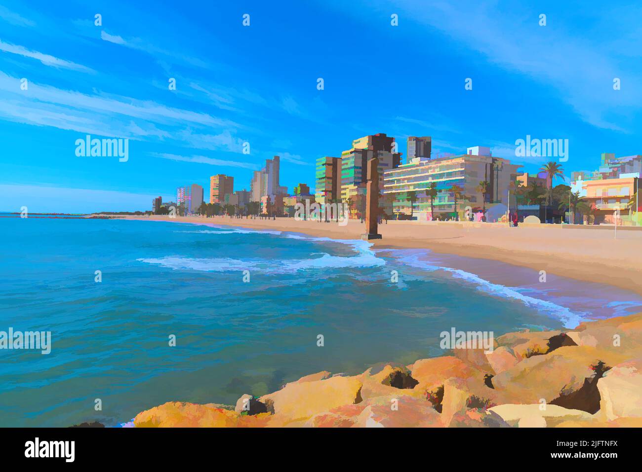 El Campello beach Costa Blanca Spain near Benidorm and Alicante illustration Stock Photo