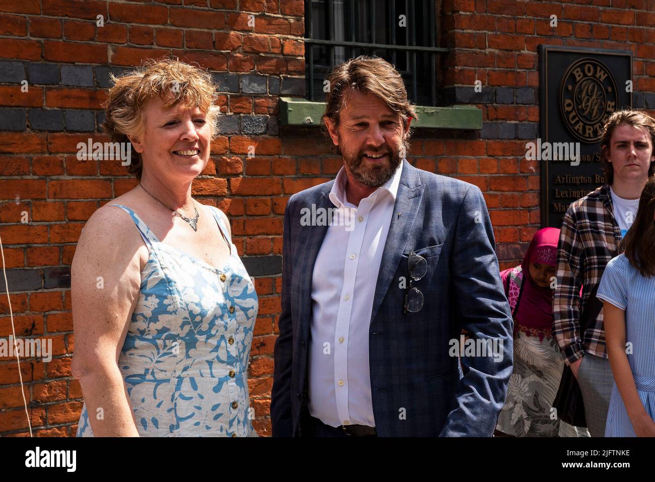 Bow, London, UK. 5th July 2022. English Heritage Blue plaque unveiling to honour 1888 strike by 1,400 East End Bryant and May Matchgirls. Sam Jonson and Peter Head. Credit: Stephen Bell/Alamy Live News Stock Photo