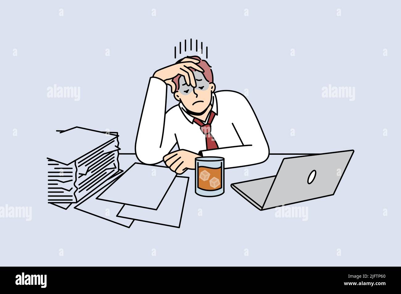 Tired businessman with glass of whiskey on table suffer from job burnout. Male journalist or editor feel stressed overwhelmed with work. Vector illustration.  Stock Vector