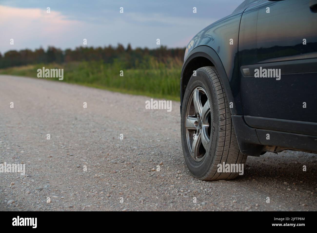 very dirty offroad car covered in mud in sunny forest Stock Photo Alamy