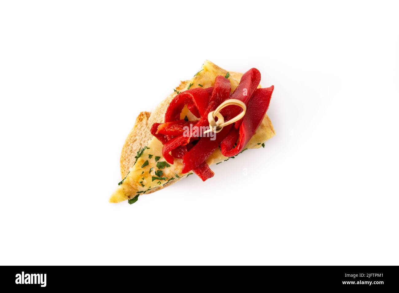 Red pepper and Spanish omelette isolated on white background Stock