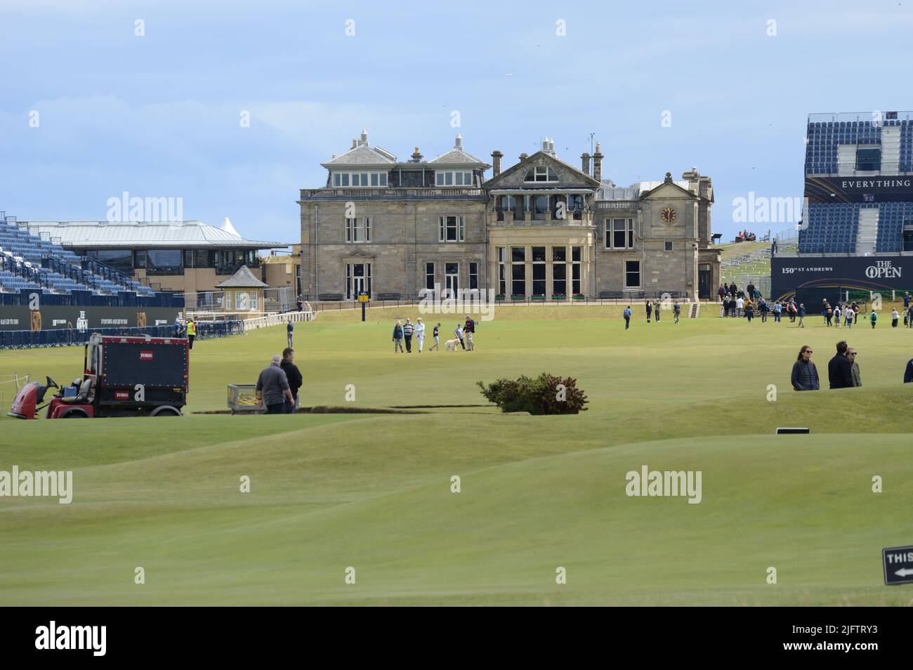 Preparations as at 5 July for the 150th Open Golf Championship, St Andrews, Scotland, just a few days to go for the start. Clubhouse with stands eithe Stock Photo