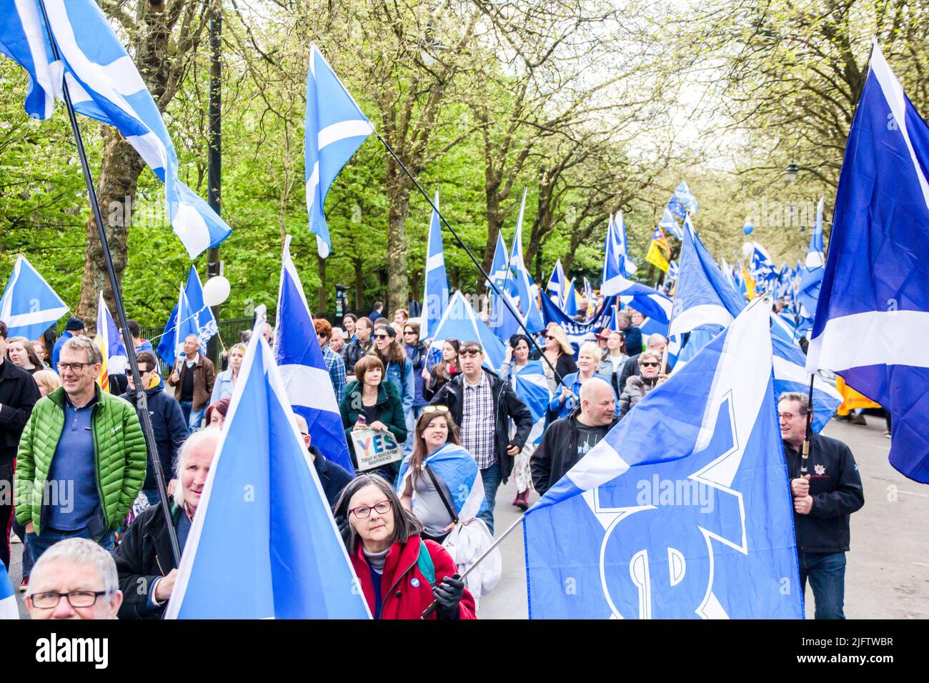 Crowd of Scottish People Marching for Indyref 2 Holding Scottish Flags Stock Photo