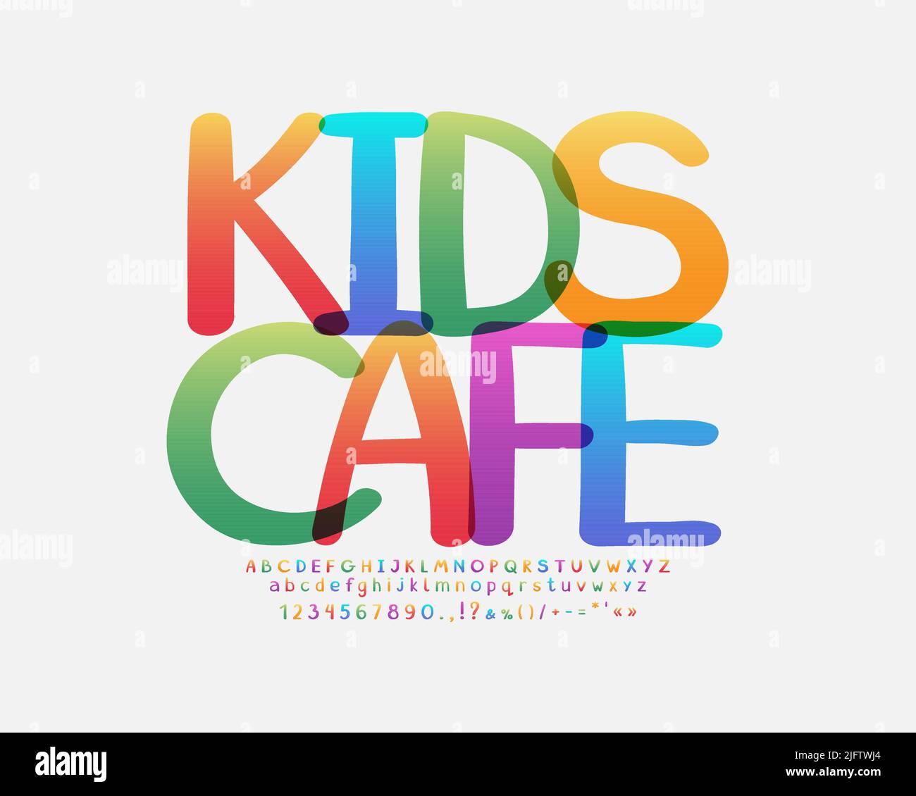 Colorful flyer Kids Cafe. Bright alphabet and numbers with transparent effect Stock Vector