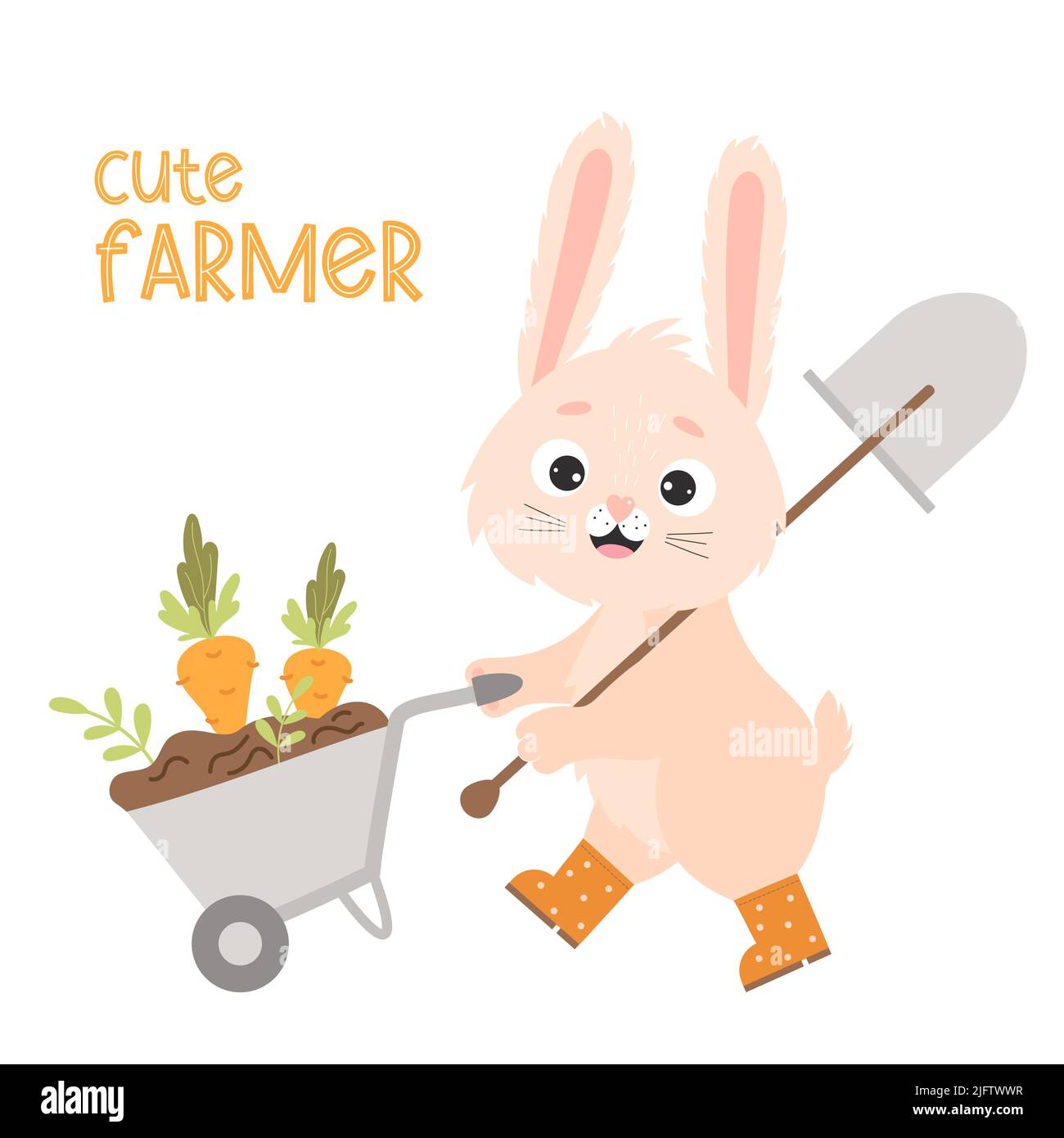 Happy rabbit in rubber boots with garden tool with shovel is carrying wheelbarrow with earth and carrots. Vector illustration. Autumn poster Cute farm Stock Vector