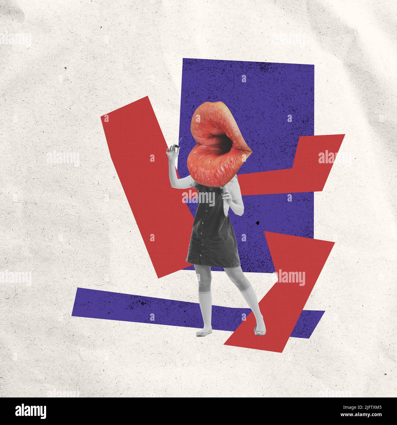 Composition with woman in retro style outfit with big mouth over ...