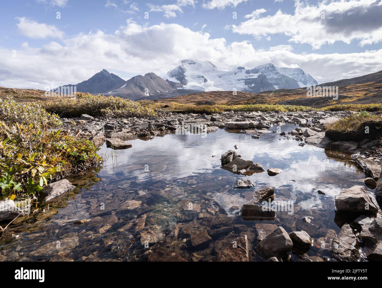 Big mountain covered by snow and glacier with alpine pond in front of it, Jasper N.Park, Canada Stock Photo
