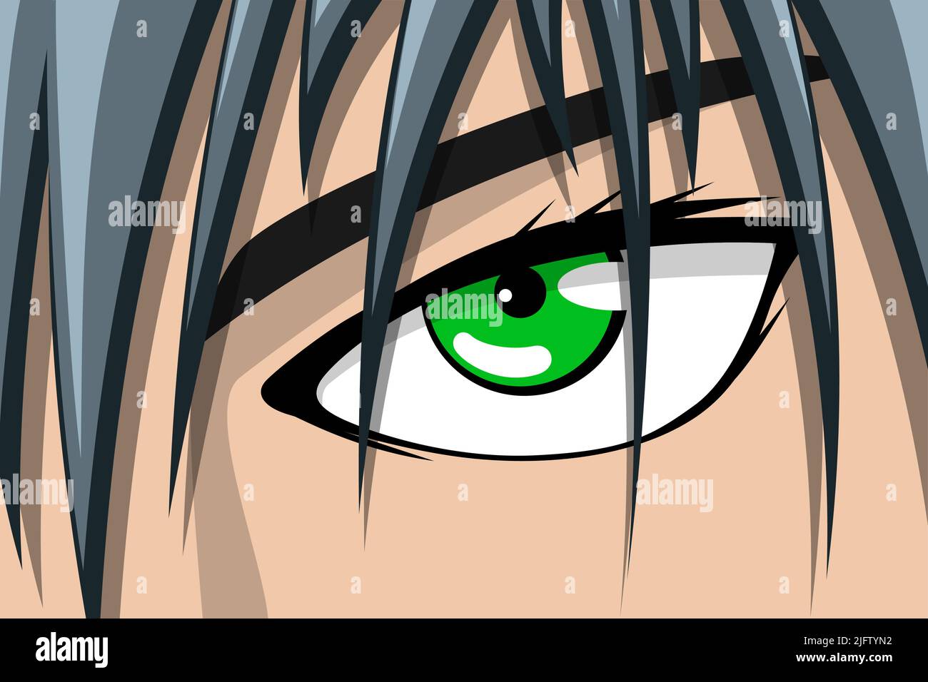 Anime comic strip pretty boy or girl face with green eye and grey hair. Manga comics book hero art background concept. Vector cartoon look eps illustration Stock Vector