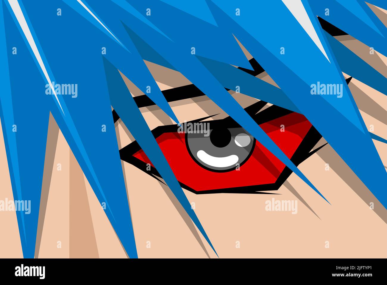 Anime comic strip pretty boy or girl face with red eye and blue hair. Manga comics book hero art background concept. Vector cartoon look eps illustration Stock Vector