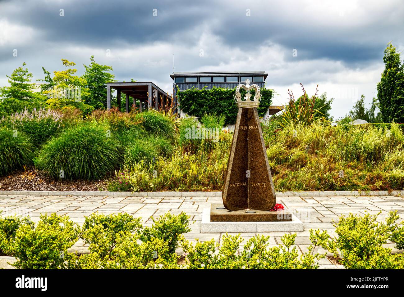 The Ex-National Servicemens Memorial, a monument at the National Memorial Arboretum, Staffordshire, England, UK Stock Photo