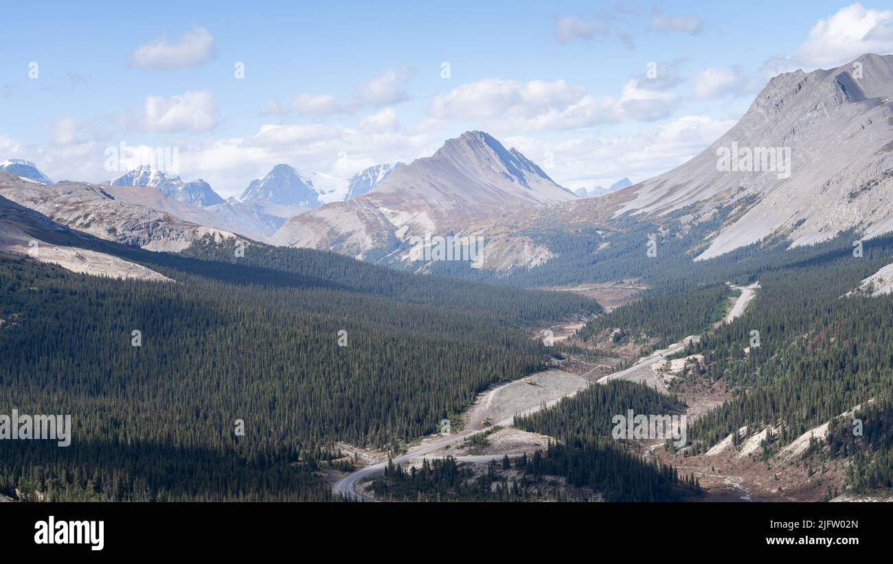 Alpine highway leading through valley with forest and surrounded with mountains, Jasper, Canada Stock Photo