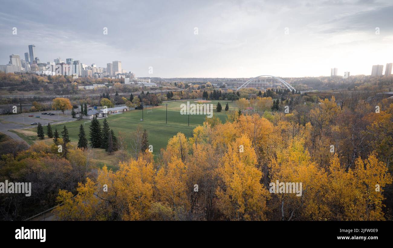 View on the downtown city center with autumn colors during sunrise. Edmonton, Canada Stock Photo