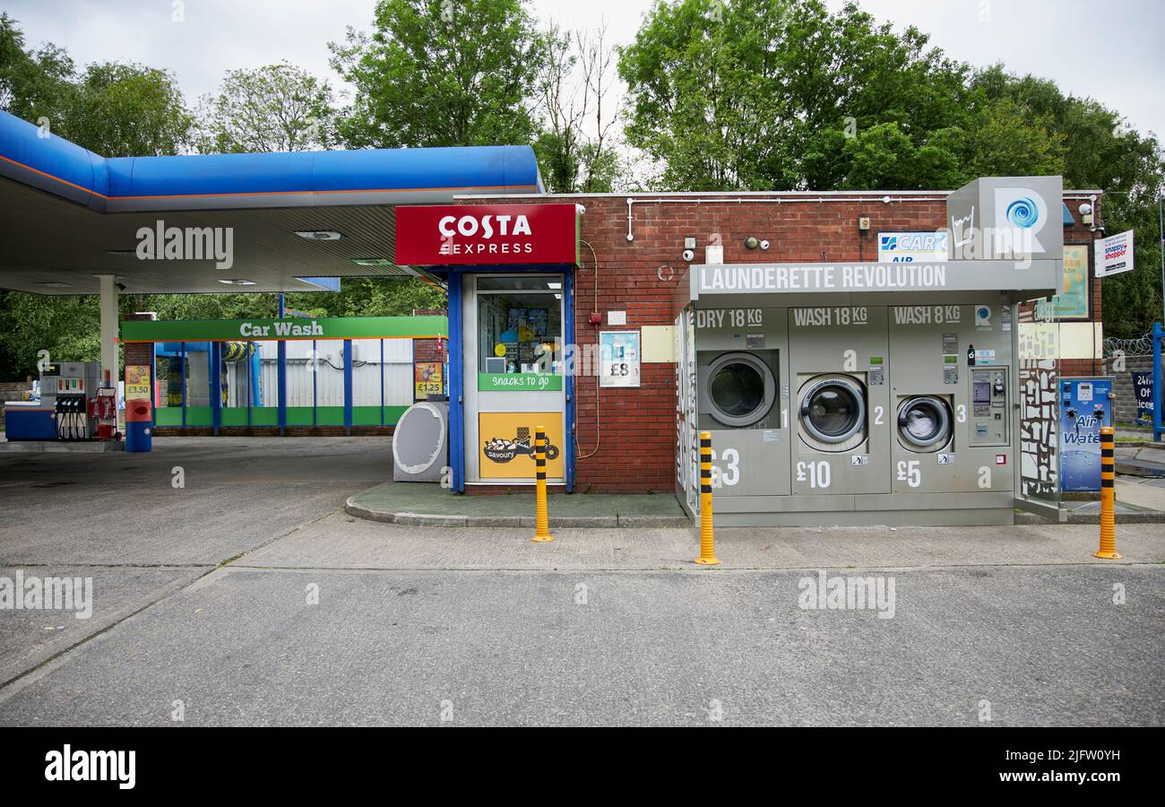 Outdoor Laundrette Revolution at a Gulf Fuel station in Wales, UK. Stock Photo
