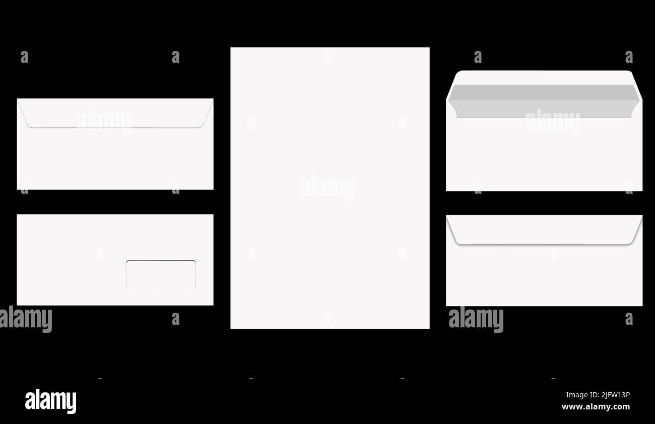 Set of Blank white A4 letter paper DL envelope front view Stock Photo